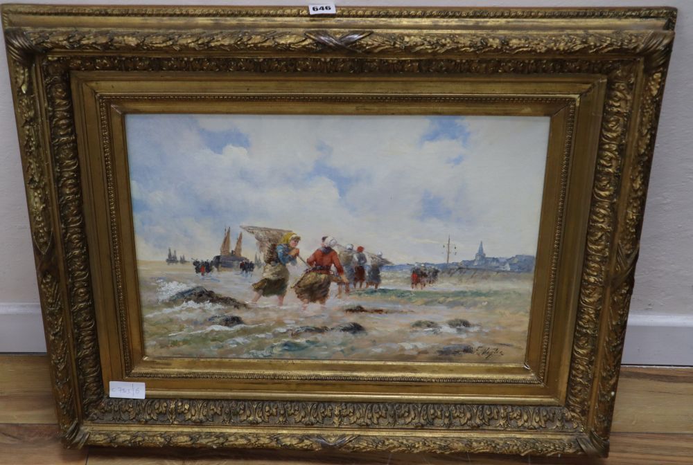 F. Vogler, oil on canvas, Shrimpers on the seashore, signed, 37 x 54cm